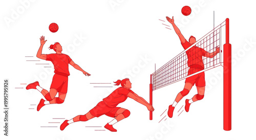 Volleyball Player Action Sequence - Serve, Dig, Spike - Red Graphic Illustration