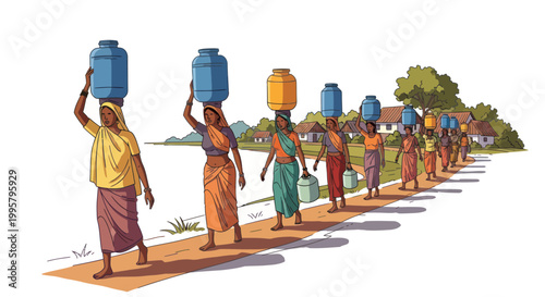 Women carrying water jugs on heads to village, rural India, daily life, resourcefulness