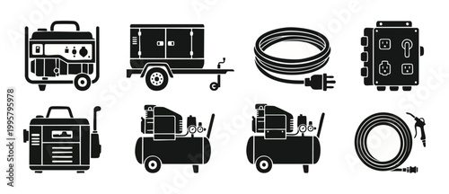 Power generator and air compressor icons set for construction and industrial equipment. Black silhouette collection of electrical tools, power cables, and portable machines for building site maintenan