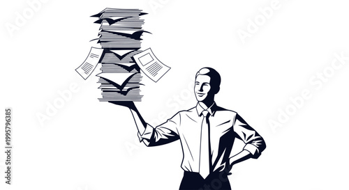 Quadro su tela Overwhelmed businessman with stack papers.