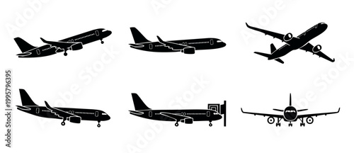 Airplane Silhouette Icon Set, Commercial Jet Aircraft Collection in Various Flying and Ground Positions for Aviation Design, Travel Graphics, and Transportation Logistics Concept, Isolated on White Ba