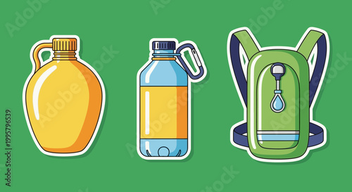 Essential Hydration Gear - Water Bottle, Jug, and Backpack for Outdoor Adventures.