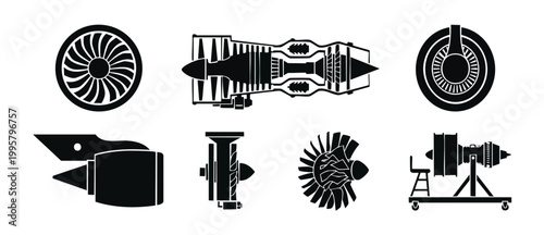 Jet Engine Icon Set Flat Vector Illustration for Aviation Technology and Aircraft Engineering Design, Collection of Airplane Turbine Components in Black Silhouette for Technical Diagrams and Aero Indu