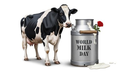 A cow stands beside a milk can on World Milk Day with a red rose