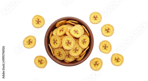 Vector illustration of dried banana chips in a wooden bowl on a transparent background