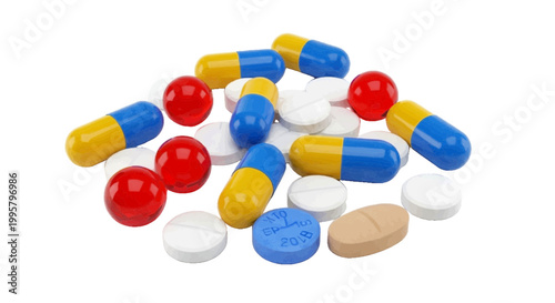 Vector illustration of assorted pharmaceutical pills and capsules on a transparent background