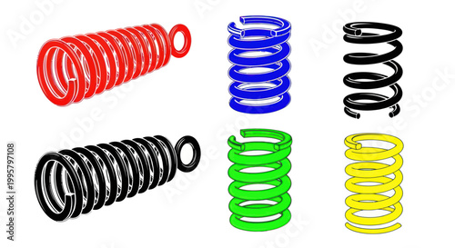Set of colorful coiled springs, red, blue, black, green, yellow, abstract design