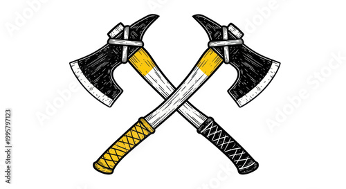 Two Crossed Axes, Hand Drawn Illustration, Emblem, Emblematic, Emblematic Symbol