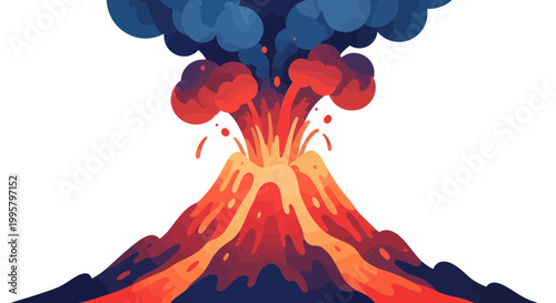 Volcano eruption, lava flow, smoke plume, geological activity, natural disaster, flat design