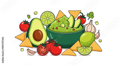 Fresh Guacamole and Ingredients: Avocado, Lime, Tomatoes, Nachos