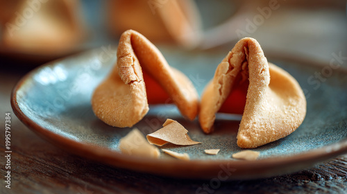 Cracked fortune cookies with an empty paper slip on a plate, symbolizing uncertainty, consequences, and pivotal choices. 