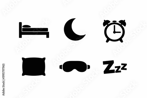 Bedtime icons set: bed, moon, alarm clock, pillow, sleep mask, zzz