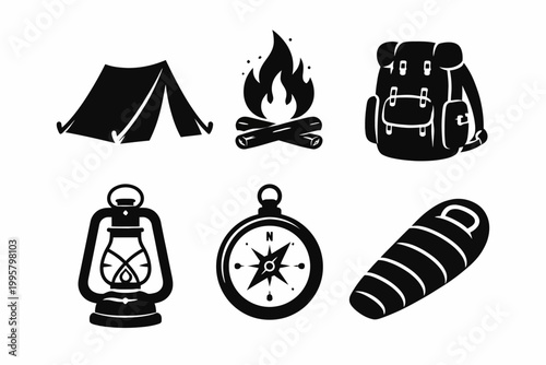 Camping essentials: tent, fire, backpack, lantern, compass, sleeping bag icons