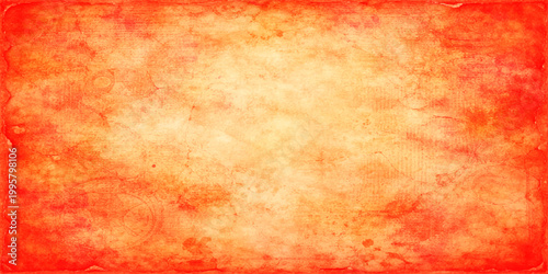 A vintage grunge background featuring aged red and orange paint textures with smoky yellow highlights on an ancient parchment paper pattern for an artistic backdrop