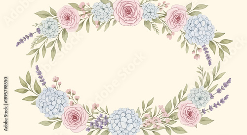 A beautiful floral wreath illustration with pink roses and blue hydrangeas on a cream background