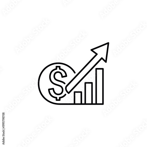 dollar growth outline icon, black and white single line vector, clean stroke profit increase symbol, isolated flat design