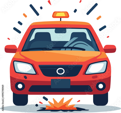 Car crash with fire accident scene – vector illustration