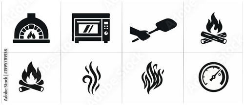 Cooking and Baking Icon Set: Pizza Oven, Kitchen Appliances, Fire and Temperature Gauge Symbols for Culinary Apps, Restaurant Menus, and Food Websites, Vector Illustration of Modern Kitchen Graphics