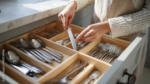 Woman neatly arranging cutlery in a kitchen drawer, portraying a realistic home organization habit within everyday interior life. 