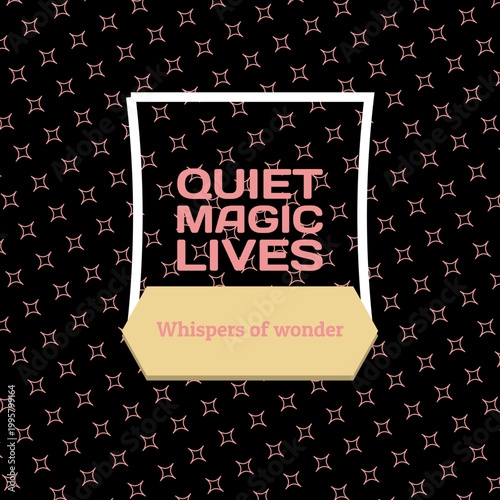 QUIET MAGIC LIVES citrus sorbet fade typography angled linear gradient, floral crest, outlined text frame, ribbon banner, diamond grid edge accents, diamond crop with lime gold, honey sand, peach clay