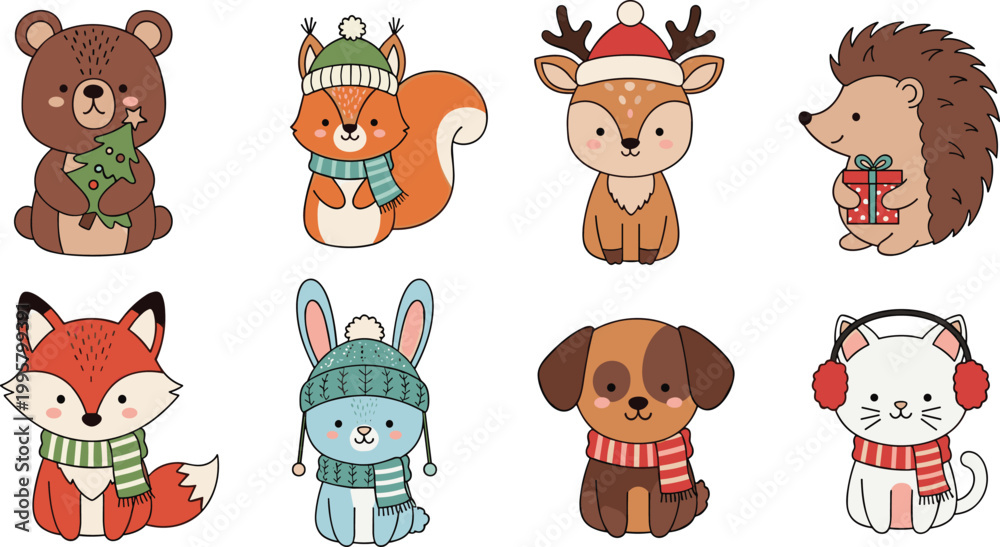 Fototapeta premium Winter Animal Characters Set with Bear, Fox, Rabbit, Deer, Squirrel, Hedgehog, Cat, and Dog in Holiday Hats and Scarves