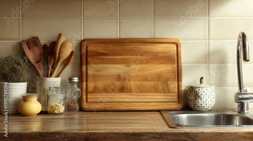 Wooden cutting board left to dry by the sink against a cream-tiled backsplash in a busy kitchen, reflecting authentic daily domestic routine. 