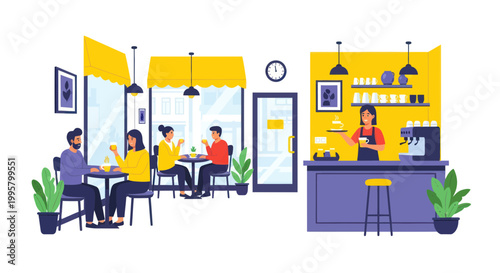 People enjoying coffee at a modern cafe with barista serving drinks