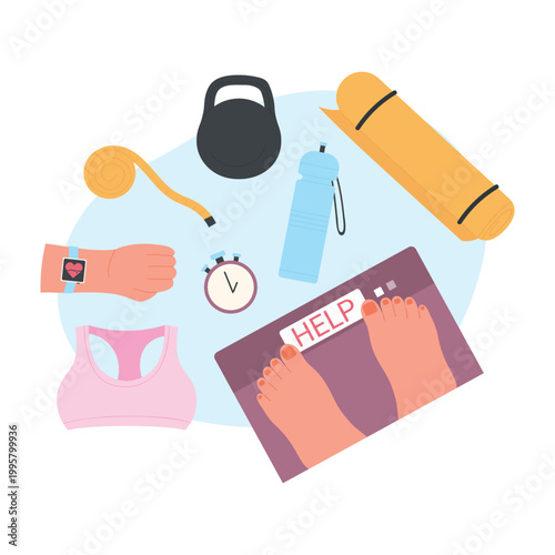 Weight loss fitness program. Gym equipment, workout training tools cartoon vector illustration