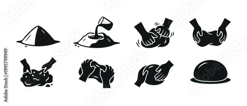 Baking Bread Making Process Icons Set, Dough Preparation Steps, Kneading Flour and Yeast, Cooking Sequence Vector Illustration for Bakery Infographics, Kitchen Culinary Instruction, Manual Food Concep