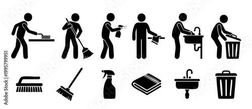 Cleaning Service Icon Set, Person Cleaning House Tasks, Professional Janitor Work Icons, Sanitation Worker Procedures, Hygiene Maintenance Symbols, Dusting Mopping Spraying Scrubbing Washing Trash Dis