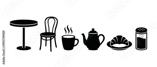 Coffee Shop Icons Set with Table, Chair, Cup, Teapot, Croissant and Shaker for Restaurant Menu Design, Minimalist Vector Black Silhouettes on White Background for Cafe and Bistro Branding Identity.