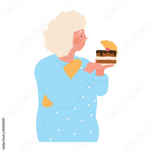 Overweight woman eating cake. Lady with junk food, weight loss diet cartoon vector illustration