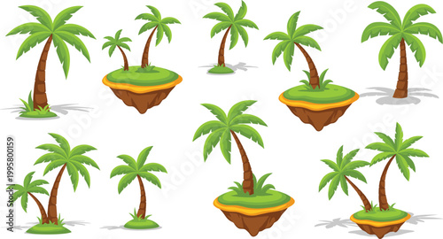 Cartoon Palm Tree Collection with Tropical Island Floating Land Elements Green Coconut Trees Summer Nature Landscape Vector Illustration Set Isolated on WhiteCartoon Palm Tree Collection with Tropical