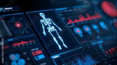 Futuristic medical dashboard displays glowing human skeleton and vital signs