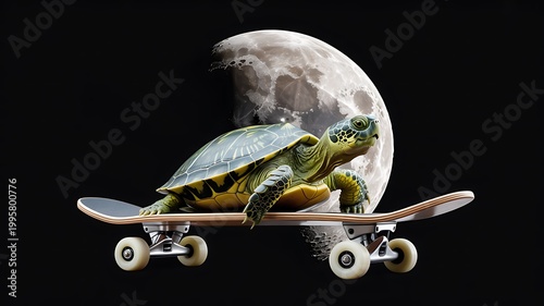 A surreal artistic depiction of a turtle riding a skateboard against the backdrop of the moon at night