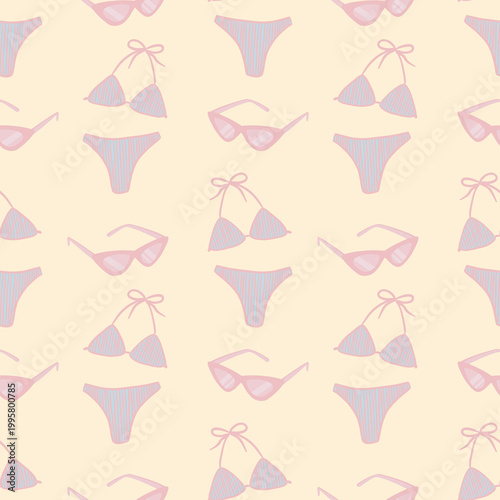 Картината върху платно Seamless pattern with women's swimsuits and sunglasses on a pastel background, hand drawn