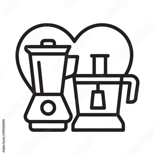 A simple black and white line drawing depicts a blender and food processor within a heart shape