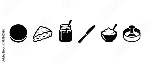 Breakfast food icon set for bakery and cafe menu design featuring scone, jam jar, butter knife, cream bowl and cookie silhouettes in minimalist flat vector graphic style isolated on white background.