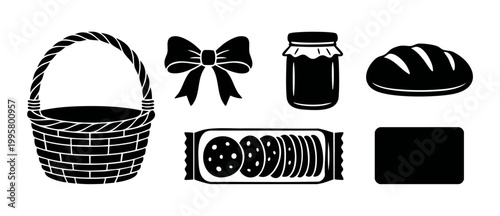 Picnic Basket and Food Icons Set, Woven Hamper with Bread Loaf, Cookie Pack, Jam Jar and Bow Ribbon, Vector Silhouette Collection for Grocery Design, Gift Giving and Market Branding Assets Elements