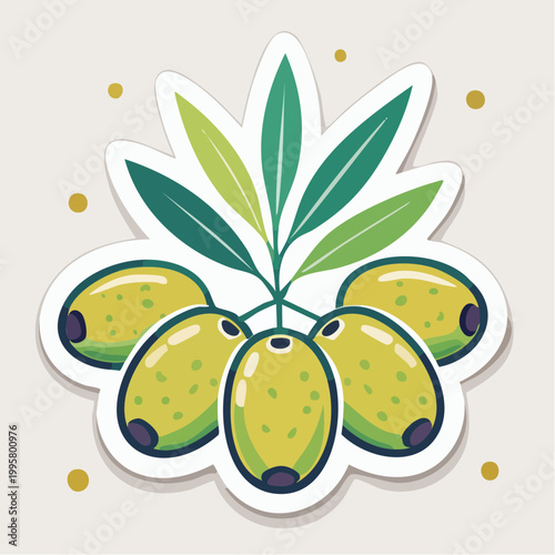 Stylized illustration of green olives on a branch with leaves