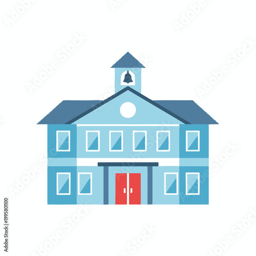 Blue School Building with Red Doors.