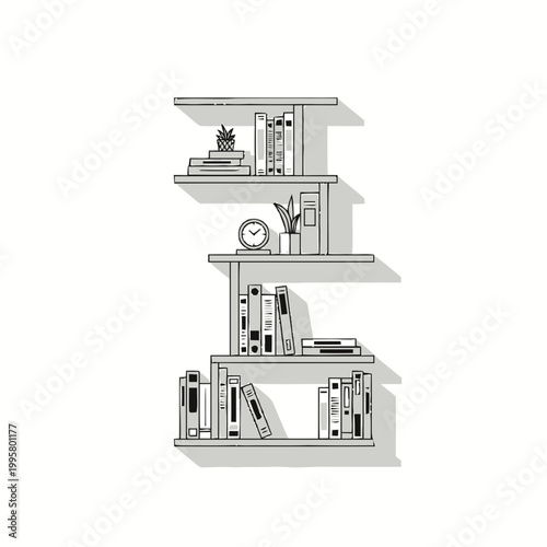 Bookshelf with books and objects.