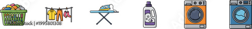Set of six colorful vector icons depicting various laundry and garment care tasks.