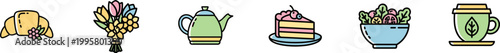 Set of colorful vector icons illustrating a cozy tea time or brunch setting, featuring food, drinks, and floral decor.
