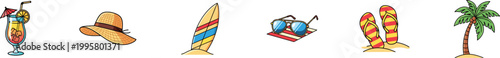 Set of six colorful vector icons representing summer vacation, beach, and tropical holiday themes.