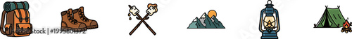 Set of six colorful vector icons illustrating camping gear and wilderness adventure themes.
