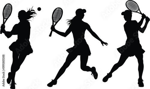 Dynamic female tennis player silhouette set in action poses with racket & ball. Bold athletic woman sport illustration perfect for fitness, club & tournament.