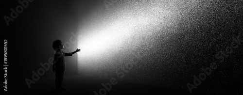 Silhouette of Child Reaching Towards Mysterious Light in Dark Space Represents Curiosity and Discovery