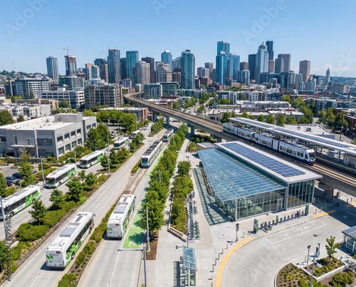 Cuadro en lienzo Modern city with integrated public transport, featuring light rail and green bus