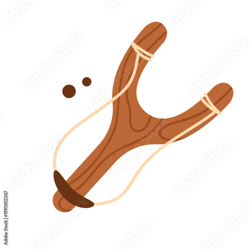 Wooden slingshot toy. Children entertainment toys, childhood games cartoon vector illustration